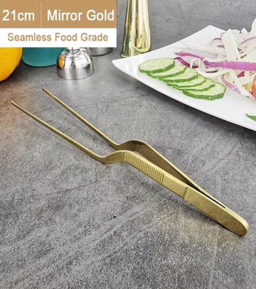 8 Inch Curved Stainless Steel Precision Kitchen Cooking Multi-function Tweezers Culinary Offset Tweezer Tongs (Curved, color)